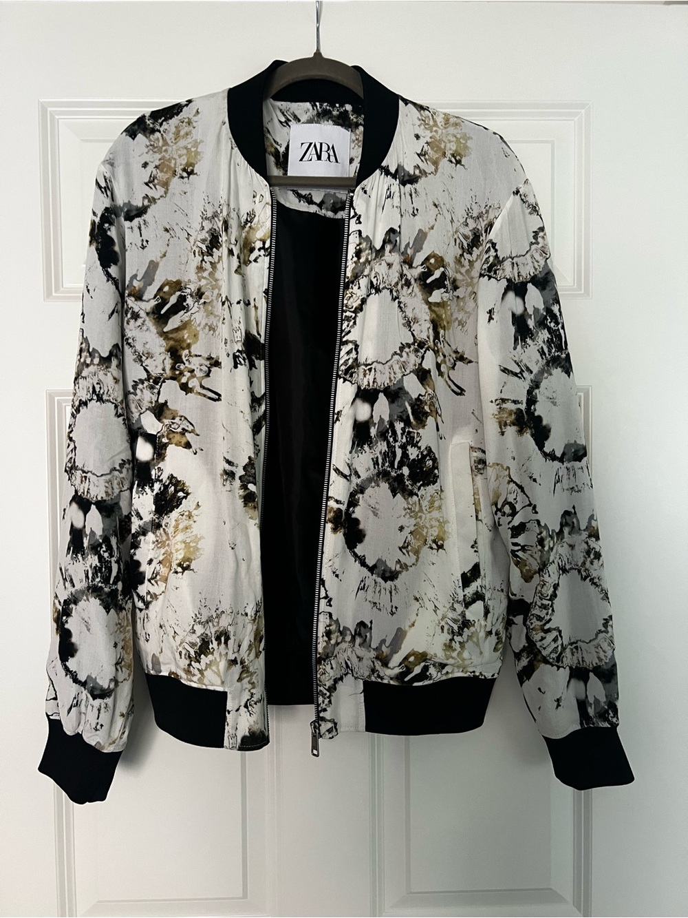 Zara Black, White & Olive Abstract Print Bomber Jacket